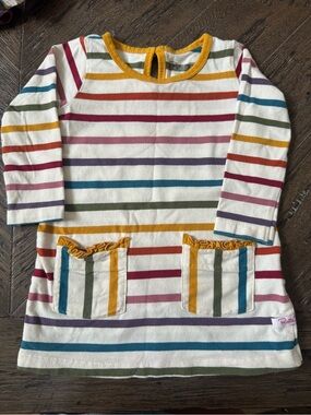 Ruffle Butts Cream Dress with Multicolor Stripes and Mustard Trim